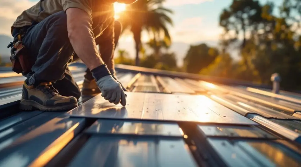Standing seam metal roof installation on a commercial facility in Medford, showing clean panel lines under bright daylight.