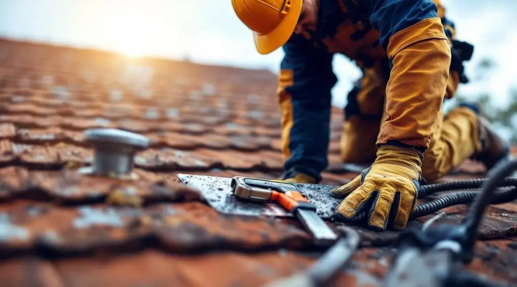 An ABI Roofing inspector carefully checking asphalt shingles on a Medford home during a professional roof assessment.
