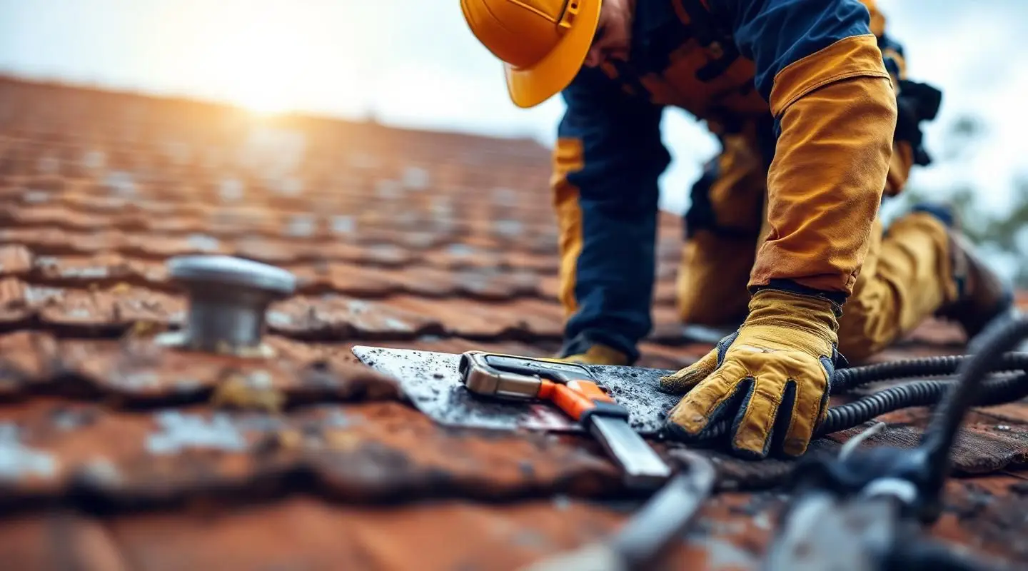 An ABI Roofing inspector carefully checking asphalt shingles on a Medford home during a professional roof assessment.