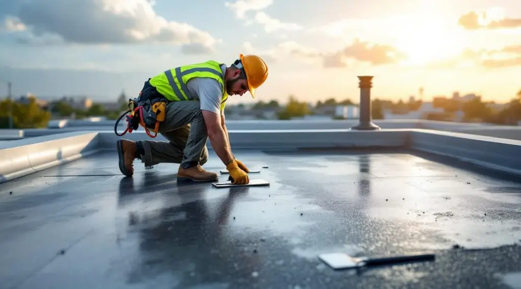 Roofing crew installing a seamless black EPDM rubber membrane on a flat commercial building in Medford, Oregon.