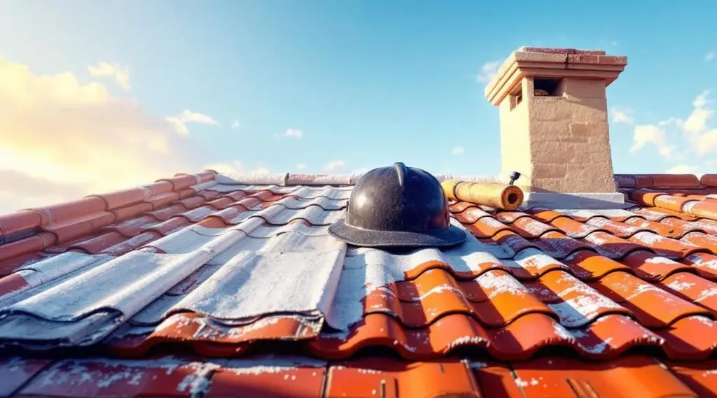 Newly installed red clay Spanish tile roofing on a commercial facility in Medford under a bright Southern Oregon sky.