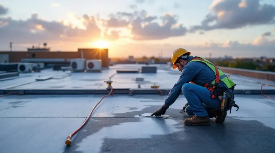 Professional roofing crew carefully installing a durable TPO flat roof on a commercial building in Medford.