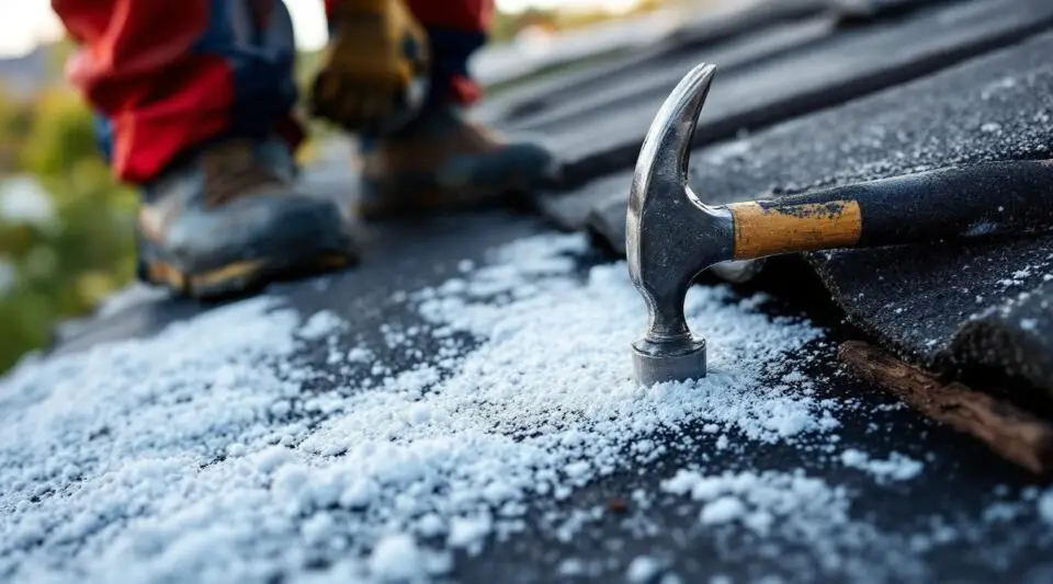 A professional roofer inspects a shingle roof leak on a family home in Medford, Oregon under clear afternoon light.