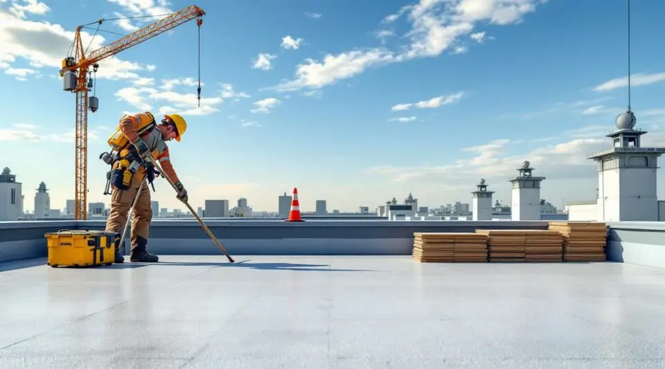Roofing crew heat-welding a white TPO membrane on a commercial flat roof in Medford under a clear sky.