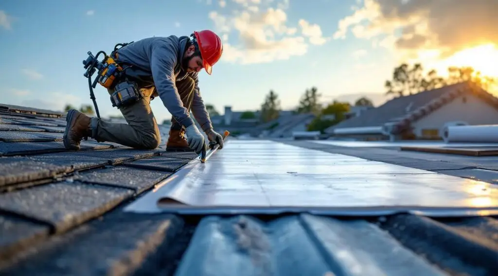 A professional roofing crew installing clean architectural shingles on a suburban Medford home under a clear morning sky.