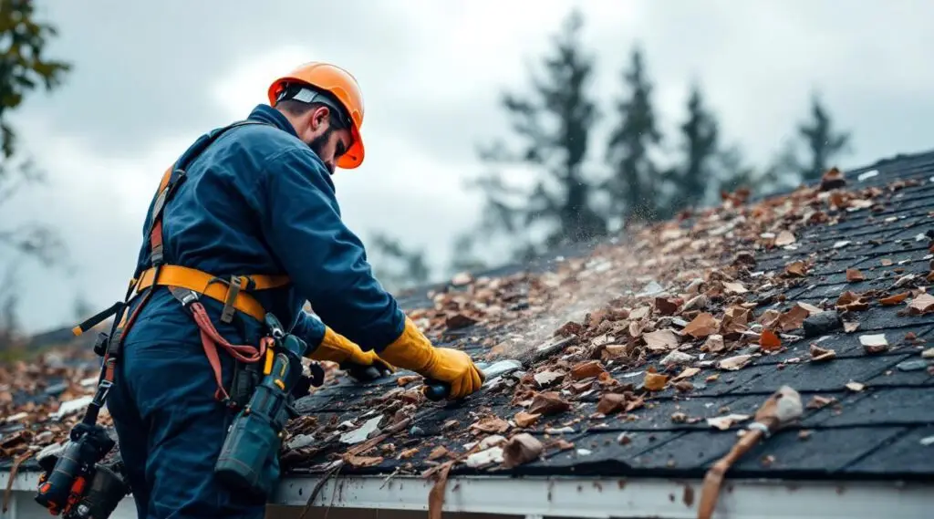 ABI Roofing crew securing a durable blue tarp over storm-damaged shingles on a Medford residential roof after a storm.