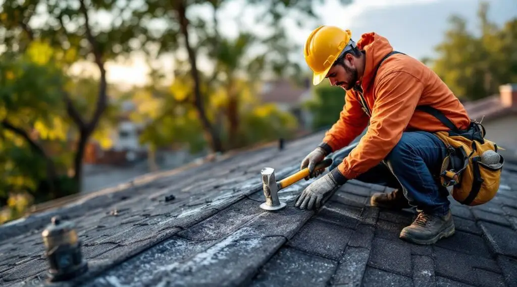 A professional roofing technician carefully sealing flashing around a chimney on a Medford home.