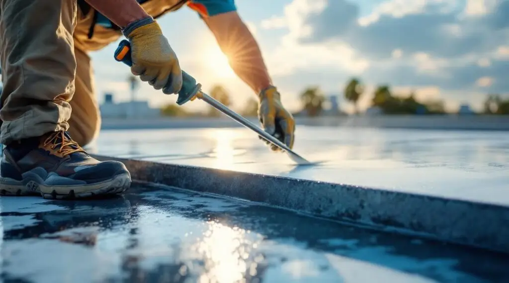 Roofing crew applying white reflective silicone roof coating to a flat commercial roof in Medford Oregon under a clear sky