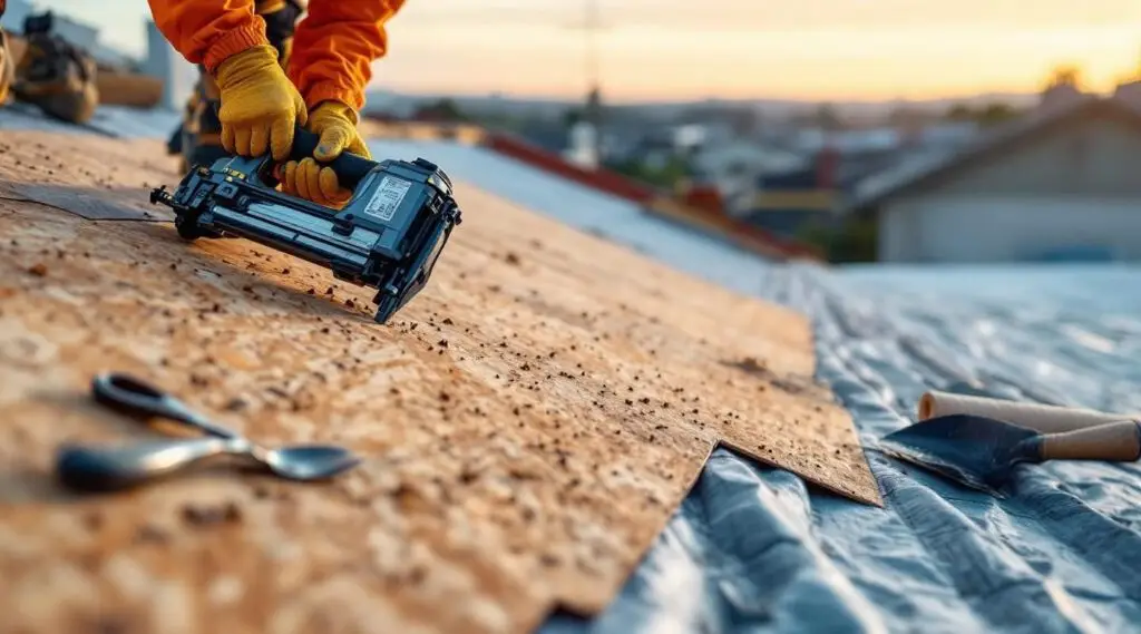 Professional roofing crew installing architectural shingles on a family home in Medford under bright, clear Southern Oregon skies.