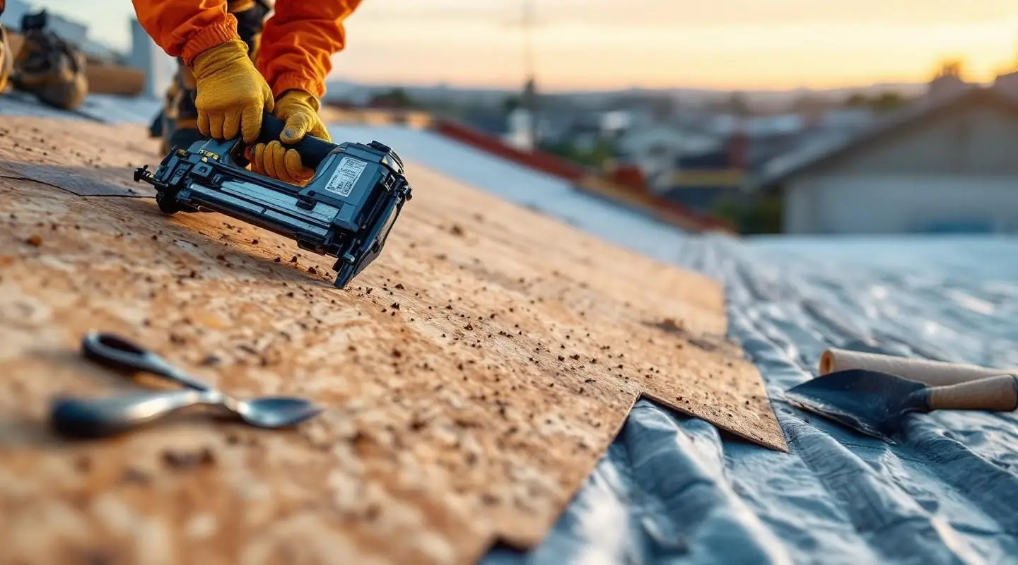 Professional roofing crew installing architectural shingles on a family home in Medford under bright, clear Southern Oregon skies.