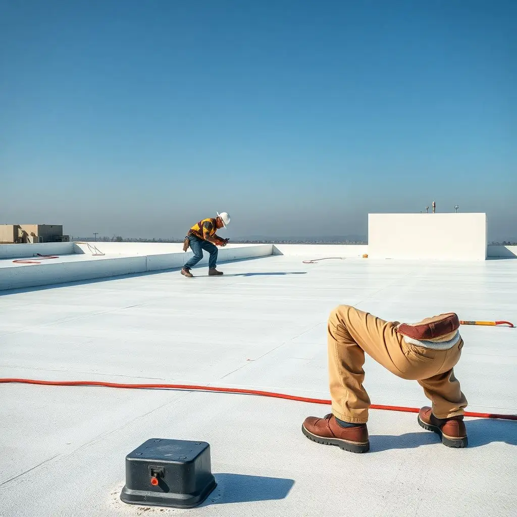 Professional roofing crew heat-welding a commercial TPO flat roof membrane on a bright, clear day in Medford Oregon.