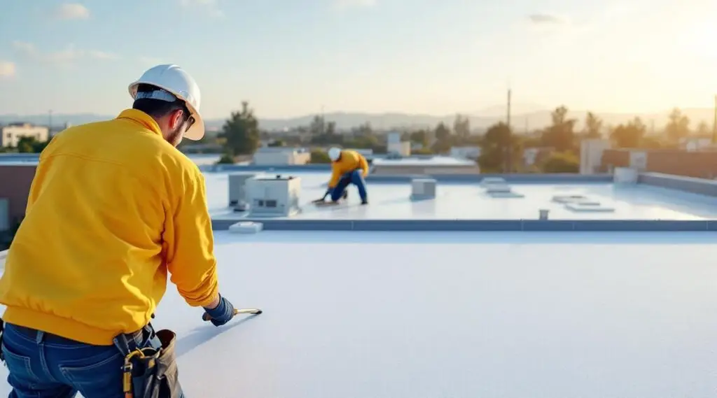ABI Roofing crew heat-welding white TPO membrane seams on a flat commercial roof in Medford, Oregon.