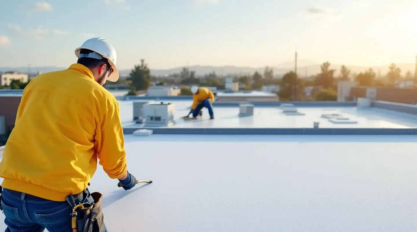 ABI Roofing crew heat-welding white TPO membrane seams on a flat commercial roof in Medford, Oregon.