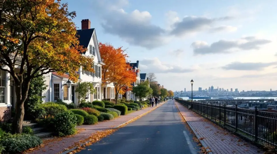 A historic Cambridge street showing traditional triple-deckers and Victorian homes under a clear New England sky.