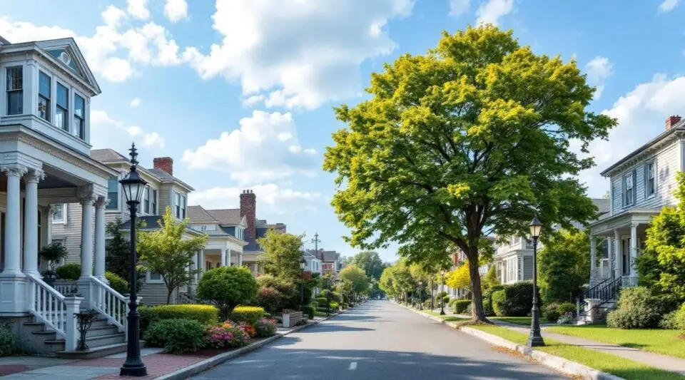 A classic Brookline street lined with Victorian rooflines, showing a mix of slate and pitched asphalt shingle roofs under a clear sky.