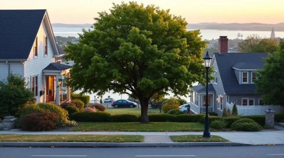 A classic Quincy triple-decker home in Quincy Point under a gray coastal sky, showing a clean flat roof section.